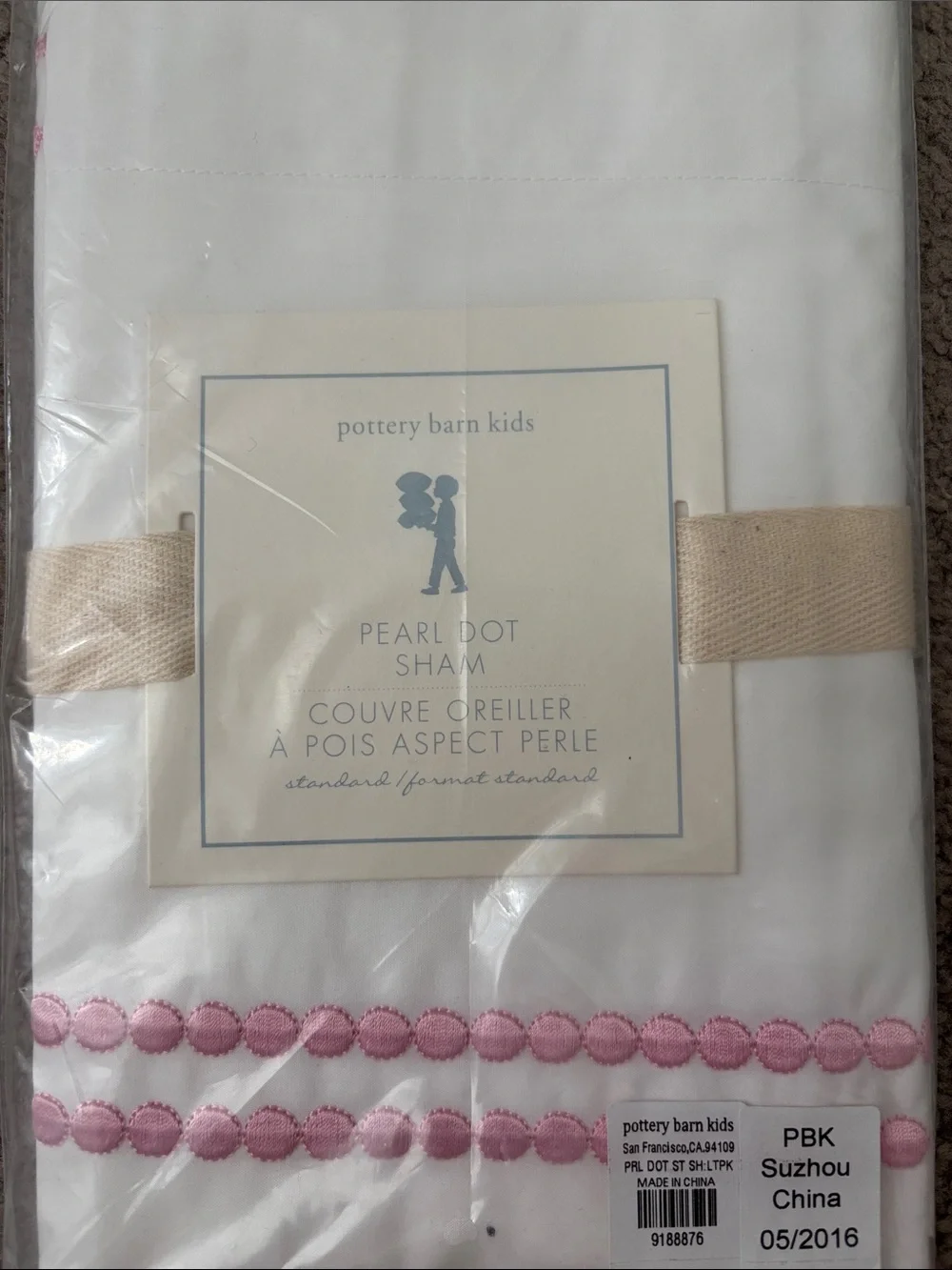 Pottery Barn Kids Pearl Dot Bib in White with Pink Trim